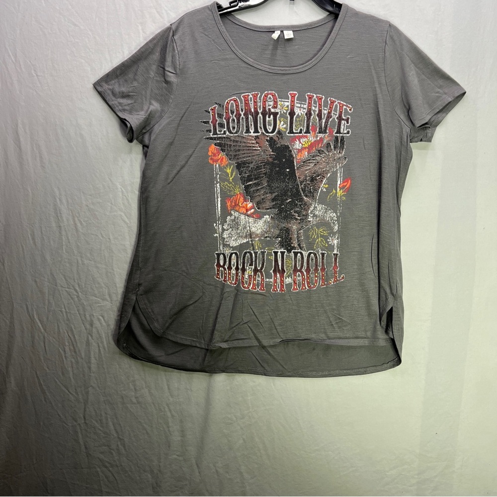 CATO Plus Size L Shirt Top Grey Long Live Rock N Roll Eagle Sparkles